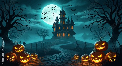 Spooky haunted castle under a full moon with glowing pumpkins lining a path