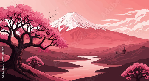 Serene mountain landscape with blooming cherry trees under a soft pink sky