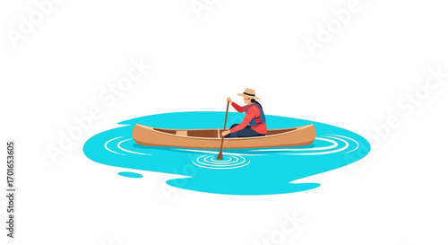 Person paddling a canoe on calm blue water