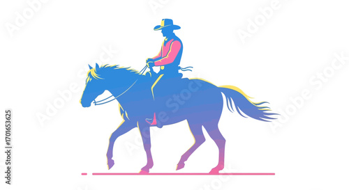 Silhouette of a cowboy riding a horse with a vibrant gradient against a white background