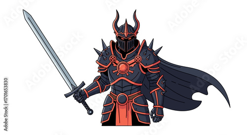 Fierce warrior in dark armor holding a sword with a menacing glow
