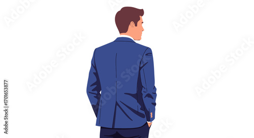 Confident man in a blue suit looking over his shoulder, ready for opportunity.
