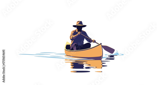 Solitary adventurer paddles canoe across calm water, reflecting the peaceful journey.