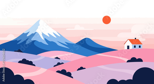 Serene landscape with snow-capped mountain, rolling hills, and a solitary house under a warm sun.