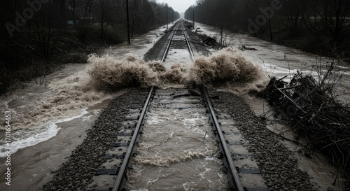 Raging floodwaters engulfing railway tracks, creating a chaotic and dangerous scene