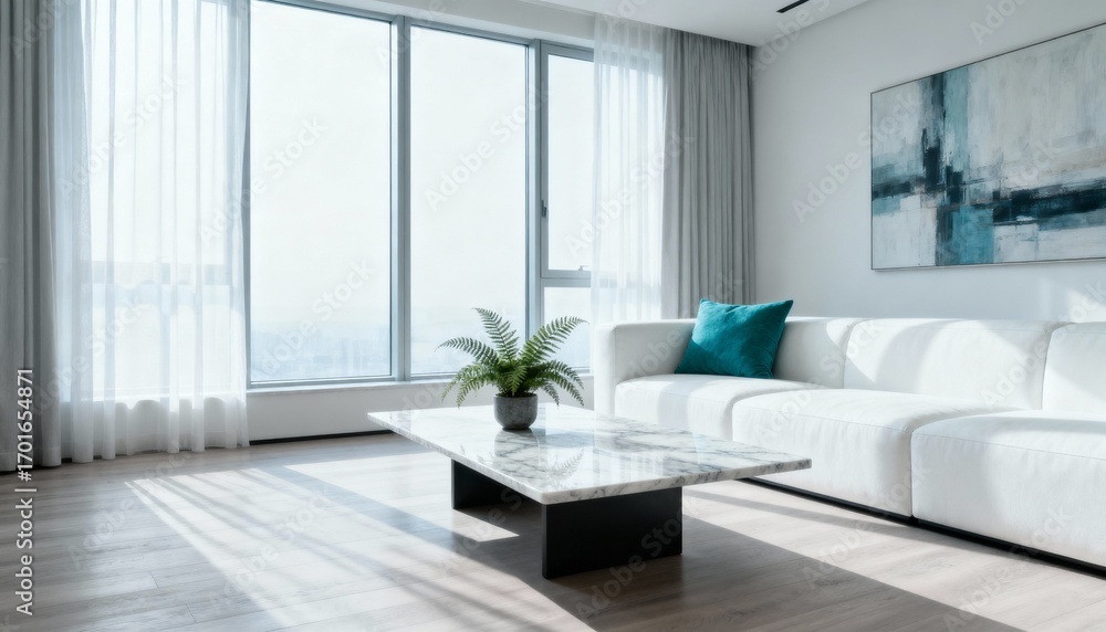 Fototapeta premium Modern Living Room Interior with Marble Table, White Sofa, and City View Through Large Window