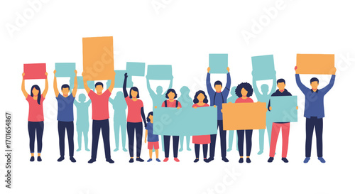 Diverse group of people holding colorful signs in a peaceful protest