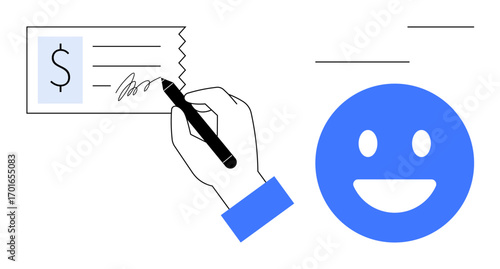 Hand completing signature on check with lined details alongside happy face icon. Ideal for finance, banking, payment, transactions, success, rewards, and simple landing page