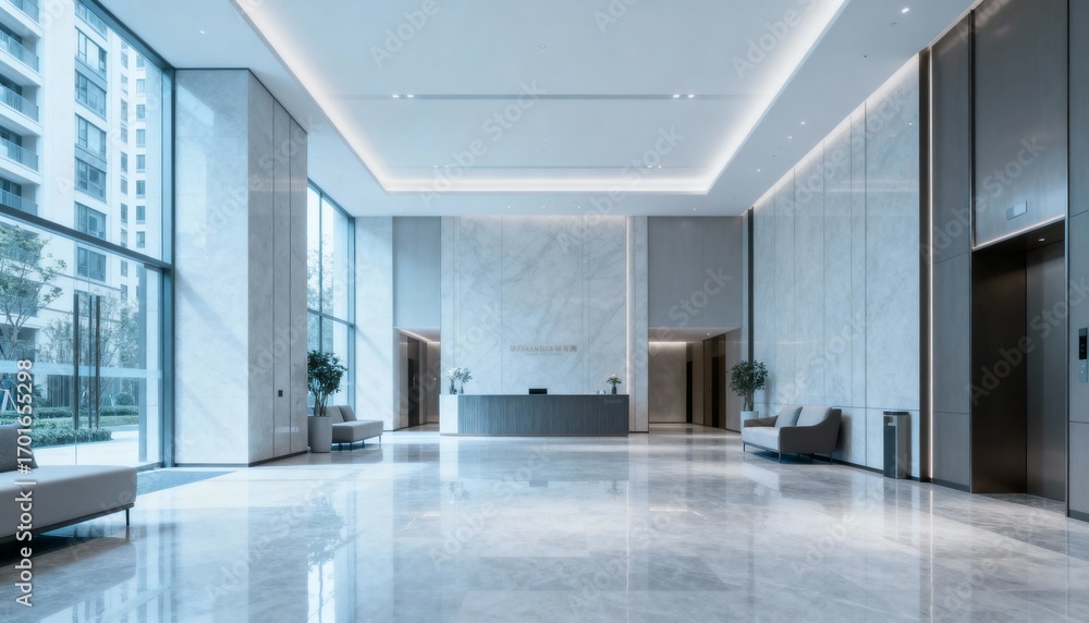 Fototapeta premium Modern Lobby Interior with Marble Walls, Polished Floors, and Natural Light