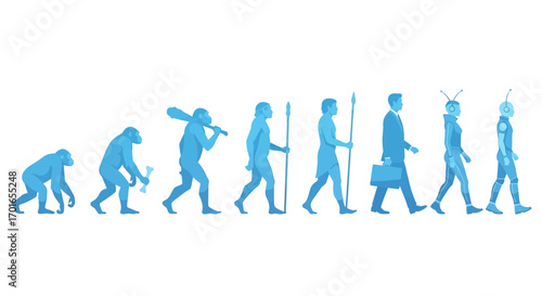 Human evolution from ape to robot, representing technological advancement and the future of humanity.