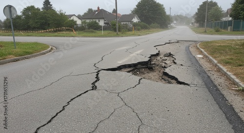 Catastrophic road damage with deep cracks and a gaping hole in a residential area