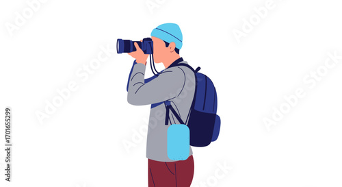 Curious explorer with camera and backpack observing the world