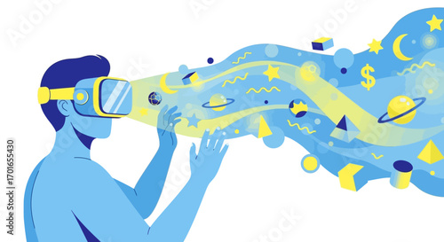 Man immersed in virtual reality, exploring a vibrant digital universe of abstract shapes and symbols.