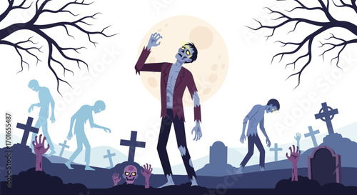 Spooky zombies rise from graves in a moonlit cemetery, creating a haunting Halloween scene.