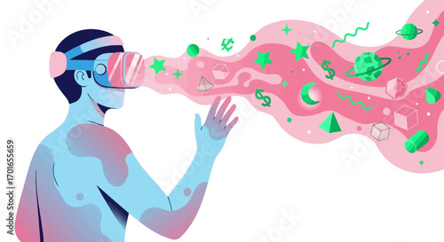 Person experiencing immersive virtual reality with colorful abstract shapes emerging from headset