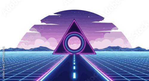 Futuristic neon highway leads to glowing geometric portal under a vibrant synthwave sunset