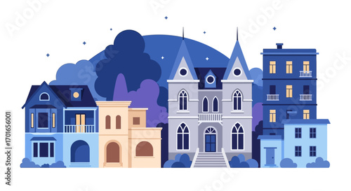 Charming row of diverse architectural buildings in a stylized cityscape at dusk