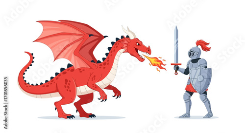 Brave knight confronts a fierce dragon breathing fire in a legendary battle.