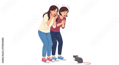 Two women react with shock and fear to a small rodent