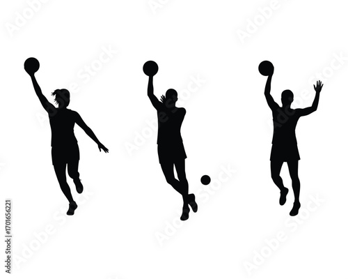 Three silhouettes of basketball players in action jumping and shooting the ball against a white background