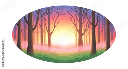 Magical forest path bathed in warm sunrise light with soft pink mist