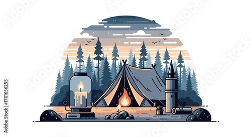 Cozy campsite with glowing tent and lantern under a starry twilight sky.