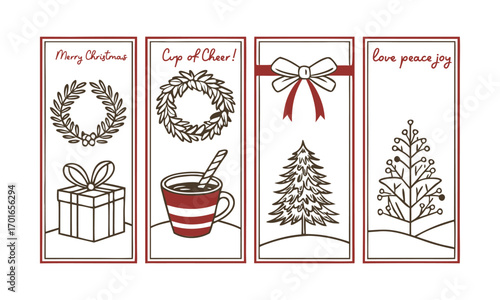 Vintage Christmas Holiday Card Set Minimal Line Art Wreath, Mini Tree, Cocoa Mug, Gifts & Ornaments with Red Bows, easily editable and scalable.