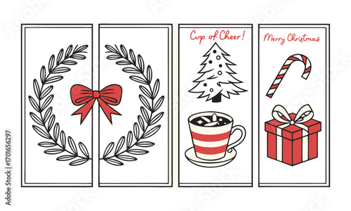 Vintage Christmas Holiday Card Set Minimal Line Art Wreath, Mini Tree, Cocoa Mug, Gifts & Ornaments with Red Bows, easily editable and scalable.