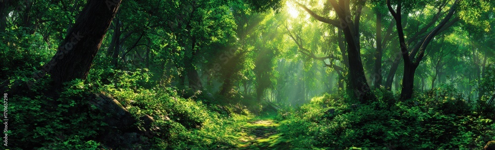 Obraz premium Lush forest path bathed in sunlight (1)