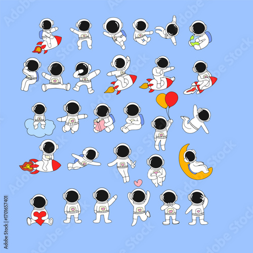 set of astronaut doodles element. different activity and gesture cartoon