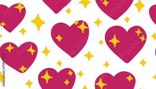 Hearts and shine stars seamless pattern hand drawn. Pink and yellow symbols on white.