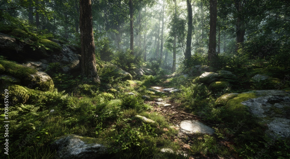 Obraz premium Lush forest path bathed in sunlight (2)