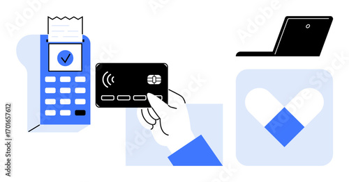 Hand holding card near payment terminal with receipt. Digital connectivity, shopping convenience. Ideal for e-commerce, fintech, security, retail, transactions, app design simple flat metaphor