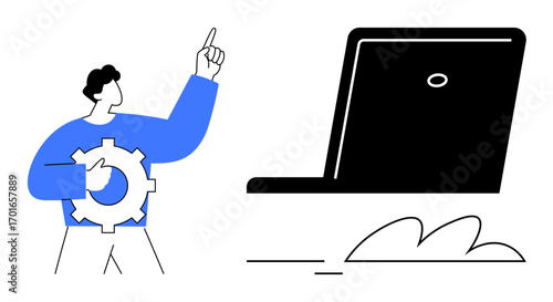 Person with gear symbolizing technical skills and innovation, pointing upward, next to a laptop. Ideal for technology, development, problem-solving, teamwork, strategy, creative thinking digital
