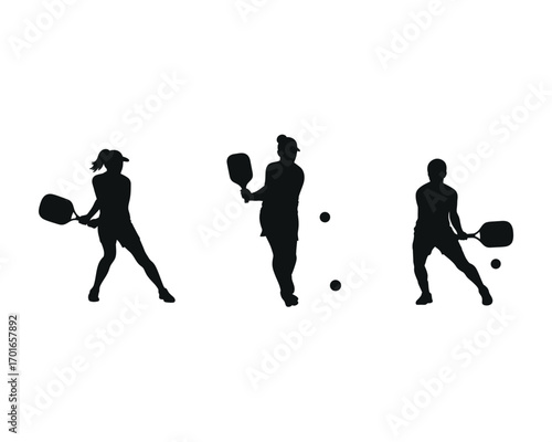 Silhouettes of three women playing pickleball in various action poses with paddles and balls on a white background
