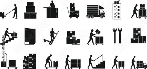 Silhouette vector illustration of warehouse workers moving boxes, loading cargo with trolleys, delivery trucks, checklists, and logistics transportation operations.
