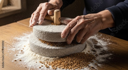 A person using a stone mill to grind wheat into flour.