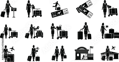 Silhouette vector illustration of travelers with luggage, airport check-in, flight tickets, air travel, tourism journey, airline staff, passenger trip