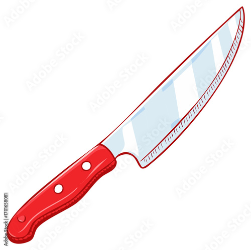 Cartoon kitchen knife with a red handle, cooking tool isolated on white.