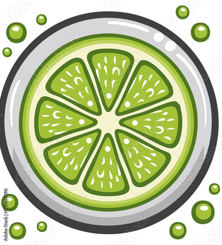 Fresh lime slice with bubbles in a refreshing carbonated drink top view