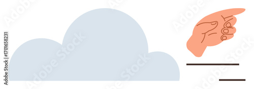 Light blue cloud, pointing hand, horizontal lines symbolizing data exchange, communication, and cloud technology. Ideal for guidance, concepts, networking, storage future simplicity digital tools