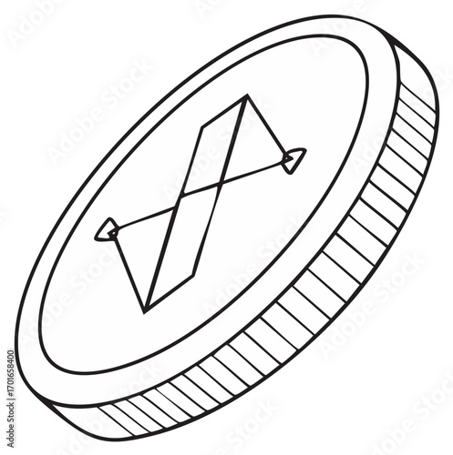 A hand drawn coin with an abstract geometric symbol Black and white line art illustration of a token