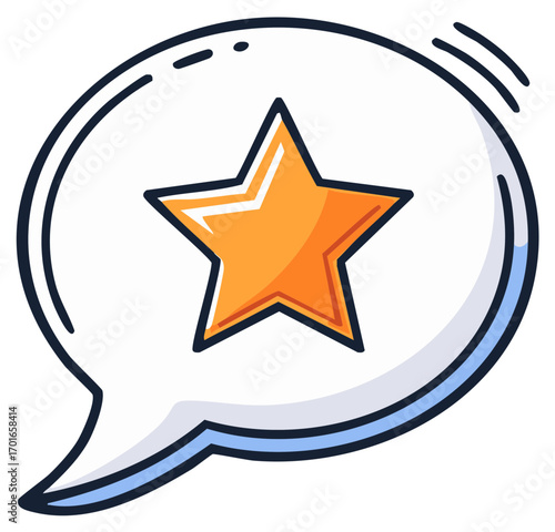 Doodle style speech bubble containing a shining golden star representing feedback rating or quality