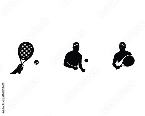 Silhouette illustrations of three tennis players in action with rackets and balls on a white background representing sport and competition