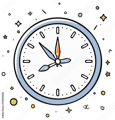 Stylized Wall Clock with Colorful Stars and Dots Around Illustration