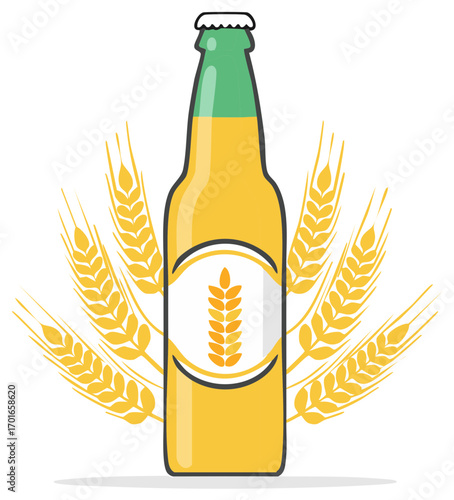 Bottle graphic of light beer with wheat ears for brewing illustration on white.
