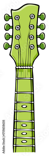 Vibrant green cartoon guitar neck illustration with tuning pegs and fretboard