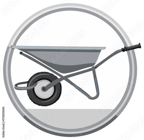 Illustration of a gray wheelbarrow tool within an emblem design suitable for gardening landscaping construction