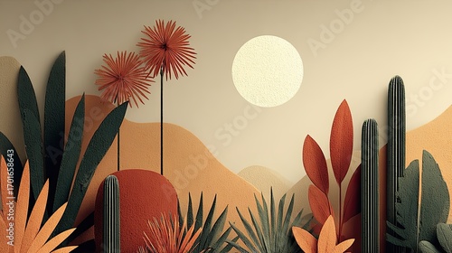 Vibrant Desert Scene with Paper Cut Plants and Minimalist Sun