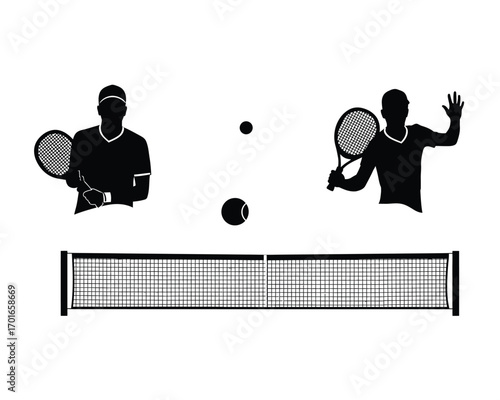 Silhouetted tennis players with rackets and balls on court with net in a dynamic action scene